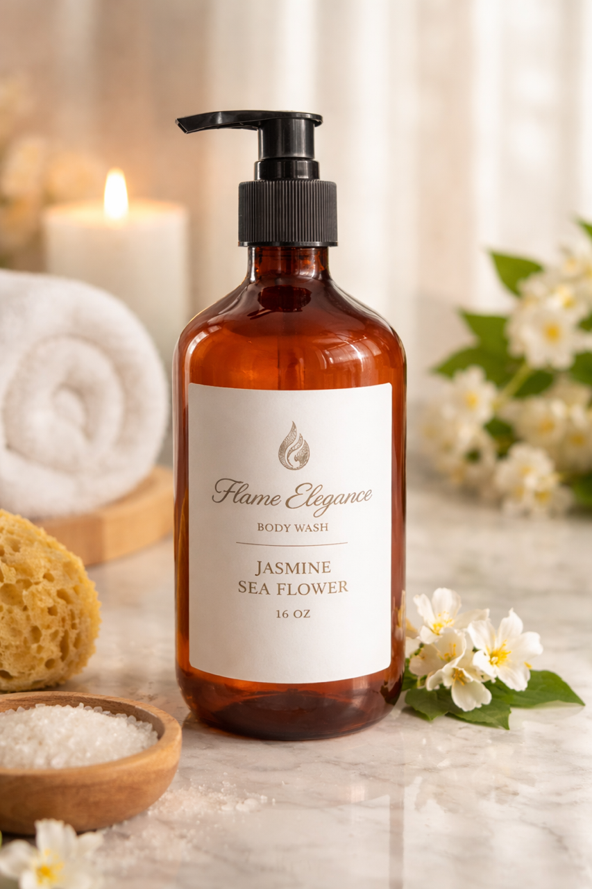 Jasmine Sea Flower Luxe Body Wash in an amber pump bottle, toxin-free and handcrafted with Castile soap, jojoba oil, glycerine, xanthan gum, and crothix for a soft and luxurious cleanse. 