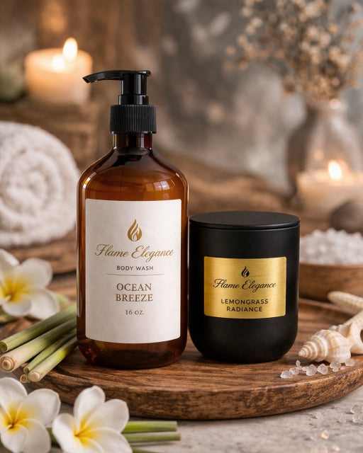 Flame Elegance body wash and candle on a wooden tray with flowers and candles in the background