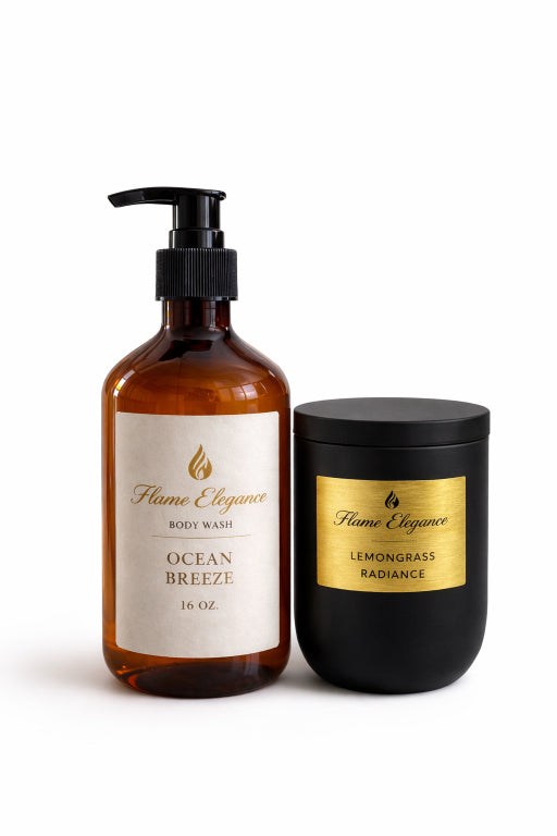 Flame Elegance body wash bottle and candle on a white background