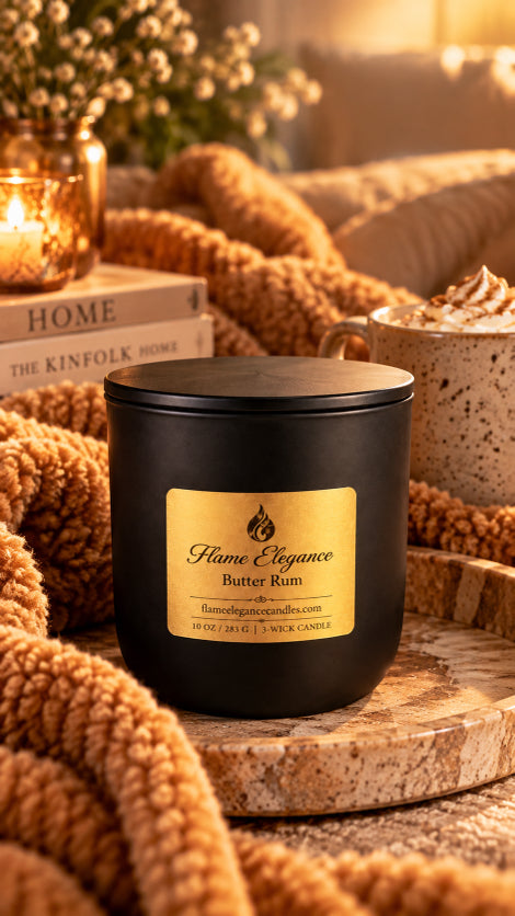 butter rum candle with black metal lid by flame elegance with brown blanket and sitting on a table