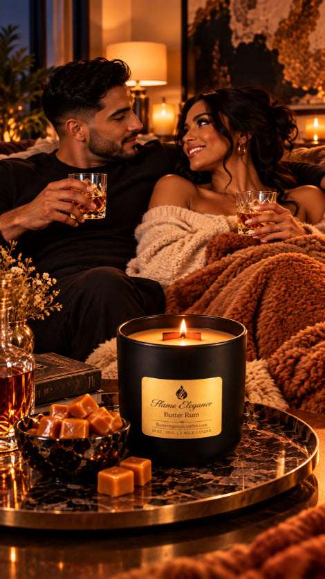 butter rum wood wick candle in black sonoma vessel sititng on a table and in background man and woman sitting on a couch drinking a drink 
