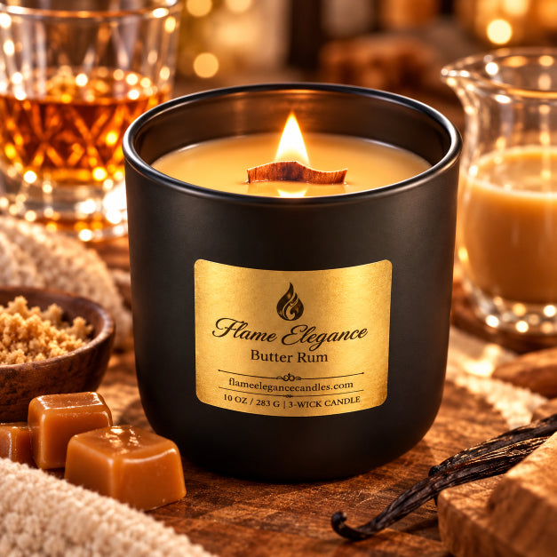 butter rum wood wick candle lit by flame elegance with bourbon and butter scotch sitting next to candle on a table