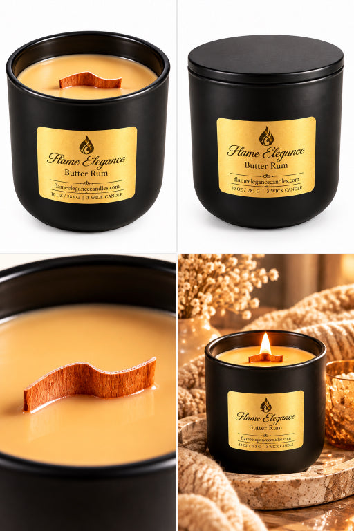 marketing collage of butter rum curved soy wood wick candle by Flame Elegance