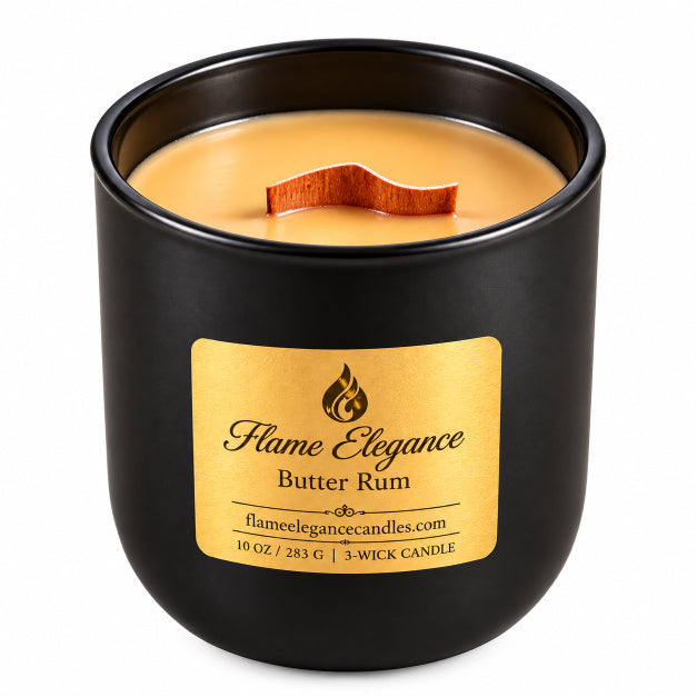 butter rum wood wick candle housed in black sonoma glass vessel by flame elegance with all white background
