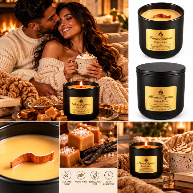 marketing collage of butter rum wood wick candle by flame elegance