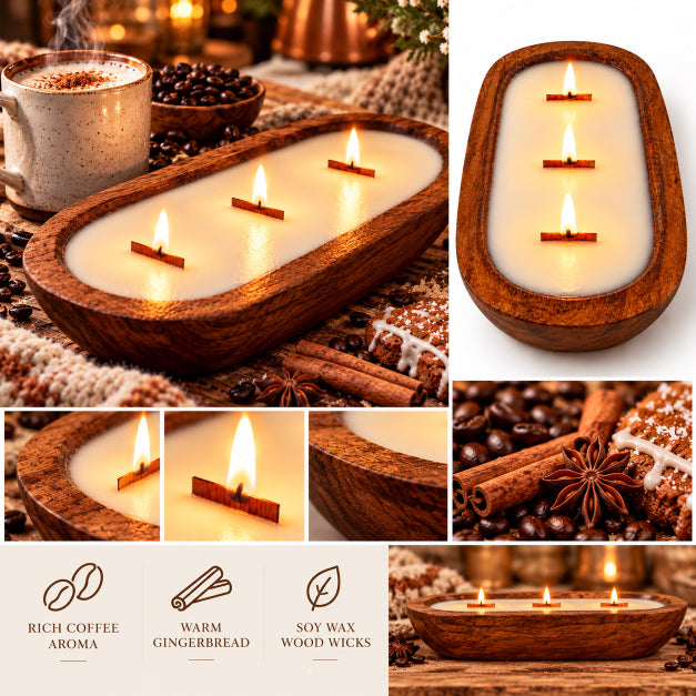  A collage of cafe spice three wood wick soy wax candle housed in a wood dough bowl by Flame Elegance. 7 different images in collage with writing down at the bottom that says rich coffee aroma, warm gingerbread, and soy wax wood wicks. 