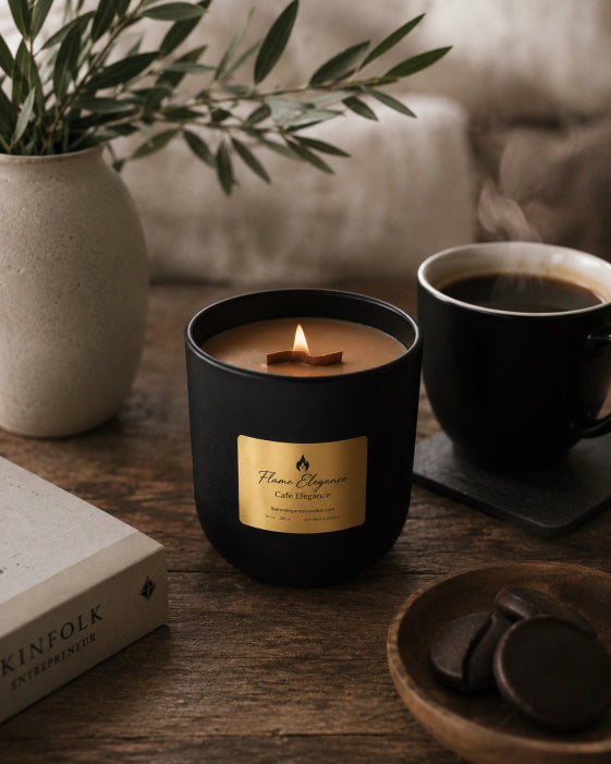 Cafe Spice coffee scented Candle with a label, steaming coffee cup, and plant on a wooden surface by Flame Elegance.
