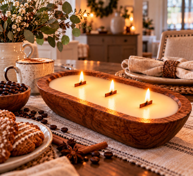 3 wood wick soy candle housed in a wood dough bowl sitting on a kitchen table. Coffee beans in a bowl next to it, a plate and napkin next to it. Coffee and flowers sitting on the table. 