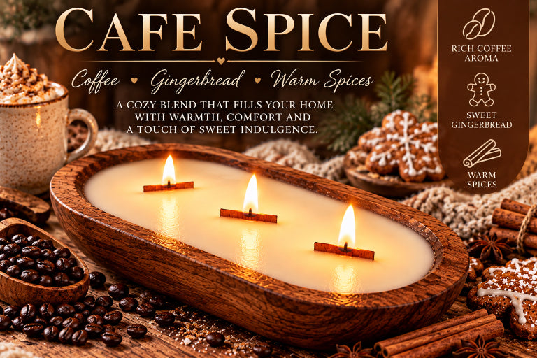 Marketing image that says Cafe Spice, Coffee, Gingerbread, warm spices. Image of 3 wood wick candle housed in wood dough bowl with coffee beans, cinnamon sticks, and coffee sitting next to it on a table by Flame Elegance.