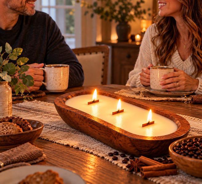 Cafe spice soy wax 3 wood wick candle housed in wood dough bowl lit and sitting on a kitchen table next to a bowl of coffee beans. A man and woman are sitting at the table smiling at each other holding coffee mugs. 
