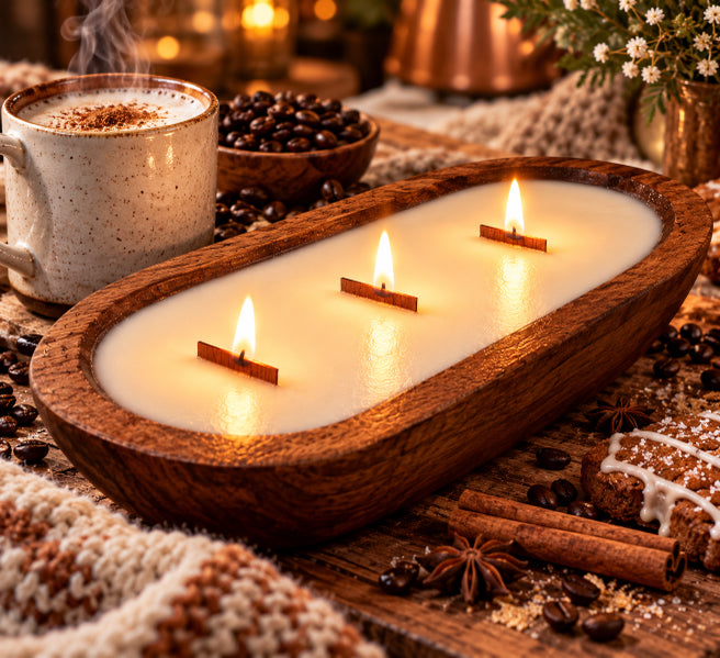 3 wood wick cafe spice soy candle lit and housed in a brown wood dough bowl. sitting on a table with a coffee mug next to it and a bowl of coffee beans. 