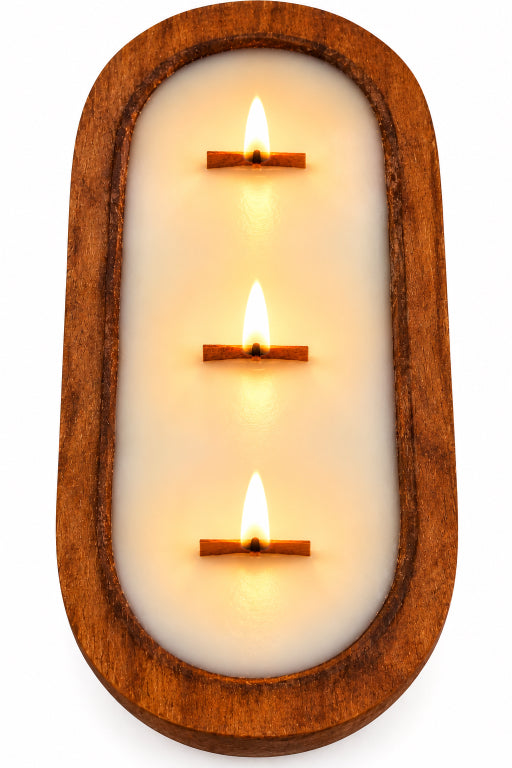 3 wood wick cafe spice candle housed in a brown wood dough bowl by Flame Elegance with a white background.