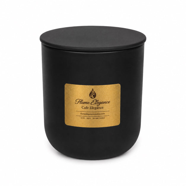 Black glass jar with cafe spice coffee scent  candle with a gold label on a white background and a thin tin metal lid by Flame Elegance.