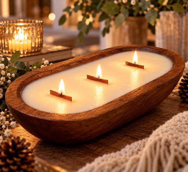3 wood wick soy cream candle housed in a wood dough bowl lit and sitting on a table. Another smaller candle in glass jar is lit next to it. A few pine cones and greenery next to the candle. 