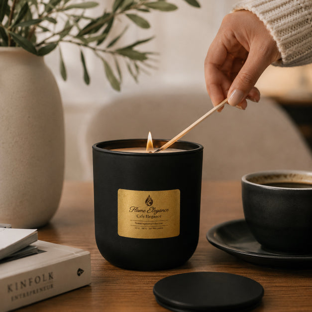 Person lighting a brown wood wick candle housed in a black glass sonoma vessel with a gold label that Says Flame Elegance and cafe spice on a wooden table with a cup of coffee, books, and a black tin lid for the candle. 
