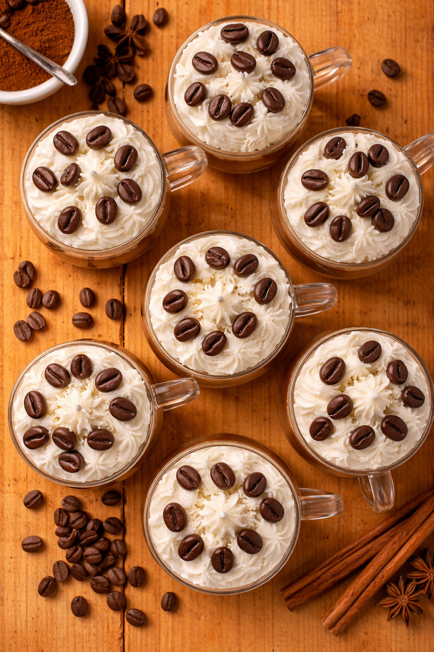 Mugs of artisan soy wax coffee inside glass clear vessels showing the top which is white whipped soy coconut blend wax adorned with brown soy wax coffee beans sitting on a wooden surface.