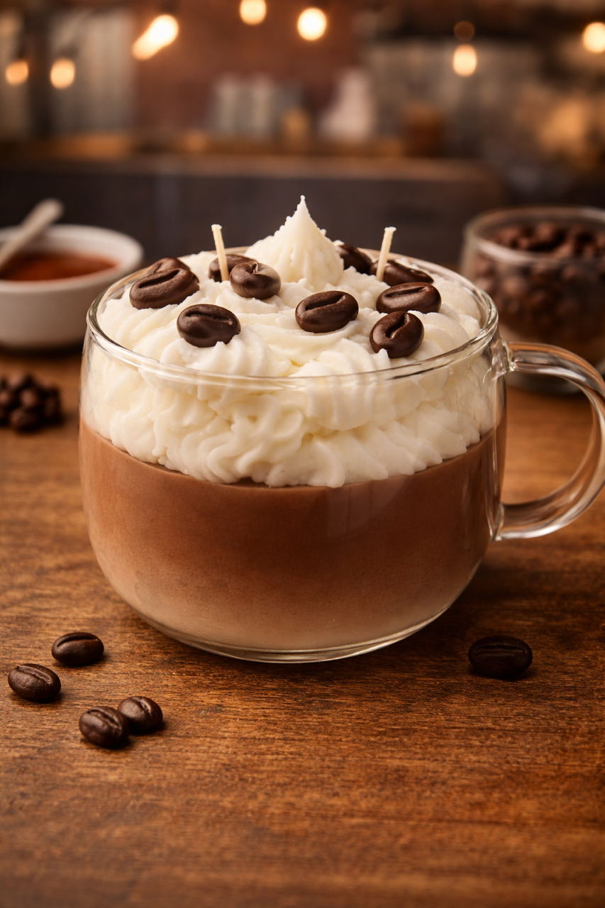 Artisan coffee inspired candle. Brown base white whipped coconut soy wax in a clear coffee mug vessel adorned with soy wax brown coffee beans sitting on a wooden counter. 