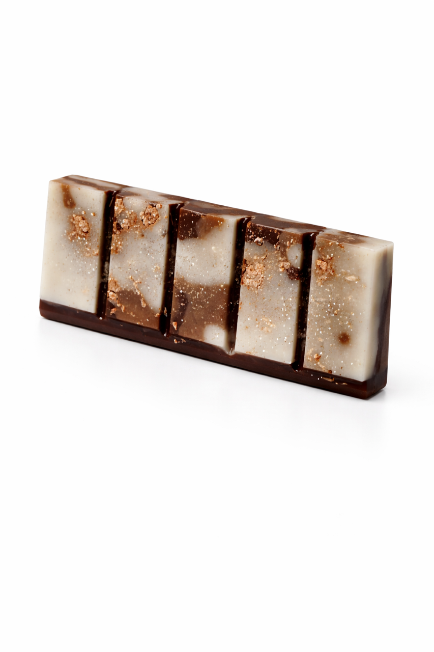 Cafe spice wax melt bar with warm coffee and gingerbread spice aroma, handcrafted artisan wax with rich brown tones.