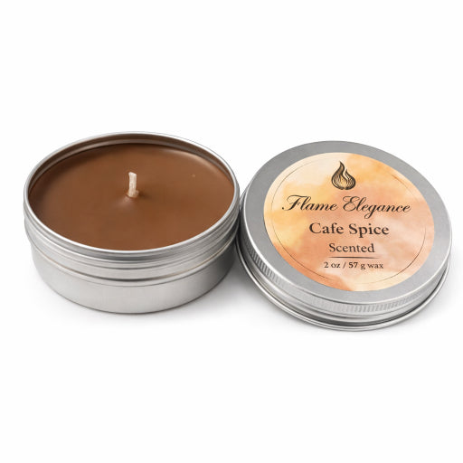 Cafe Spice scented candle in a metal tin with lid on a white background