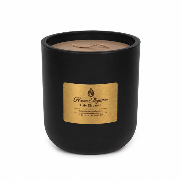 Black 10 oz glass elegant vessel with brown soy wax  candle scented with Cafe Spice coffee scent by Flame Elegance  with a gold label on a white background