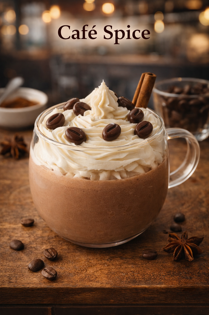 Cafe spice artisan candle with coffee base notes and  subtle gingerbread notes, featuring a brown soy wax base in a clear glass coffee mug topped with whipped white coconut soy wax and decorative wax coffee beans. 