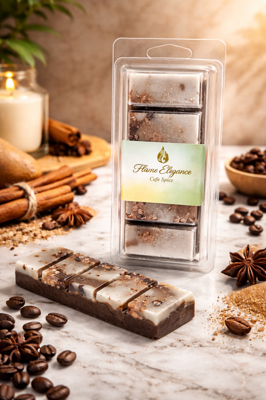 Cafe Spice Wax Melt Bar with warm coffee and gingerbread spice aroma, handcrafted artisan wax with rich brown tones. 