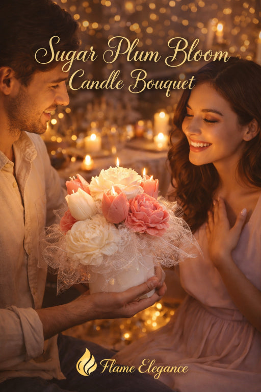 Couple holding a sugar plum bloom candle bouquet scented with sugar plum fragrance by Flame Elegance. 