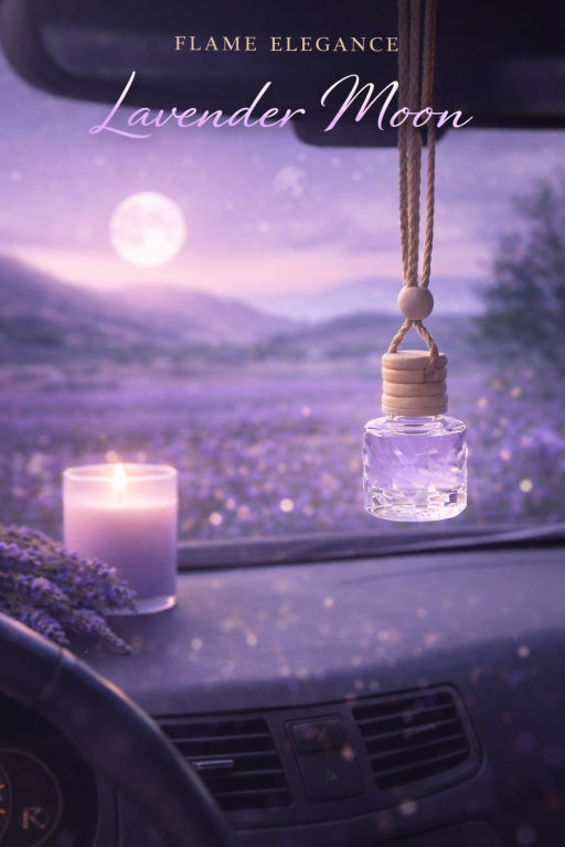 Car dashboard with lavender-themed car air freshener and candle, featuring 'Flame Elegance Lavender Moon' text.