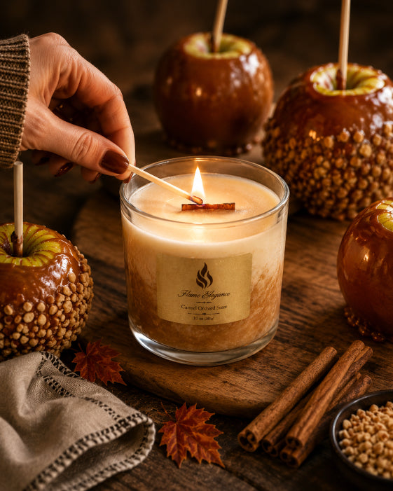 Caramel Orchard Wood Wick Soy Candle being lit with a match, surrounded by caramel apples and cinnamon sticks on a wooden surface by Flame Elegance. 