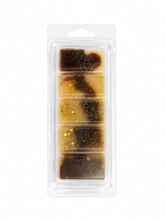 caramel orchard scented wax melt bar in clear clamshell packaging on white background by Flame Elegance