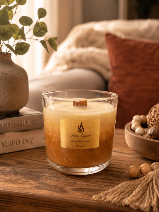 Glass luxurious soy wax candle with a wooden wick on a wooden surface, surrounded by books and decorative items scented with Caramel Orchard by Flame Elegance. 