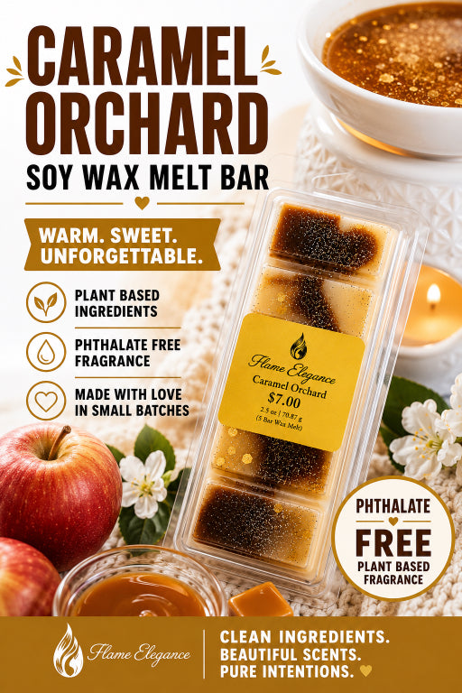 Caramel Orchard soy wax melt bar saying plant based ingredients phthalate free image of clamshell packaging with a wax melt bar in it. apples in background and shimmering caramel orchard wax melts melted in warmer behind by Flame Elegance