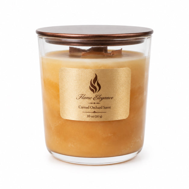 Luxury Caramel Orchard scented soy Candle in a glass jar with a wooden lid and 'Flame Elegance' label on a white background