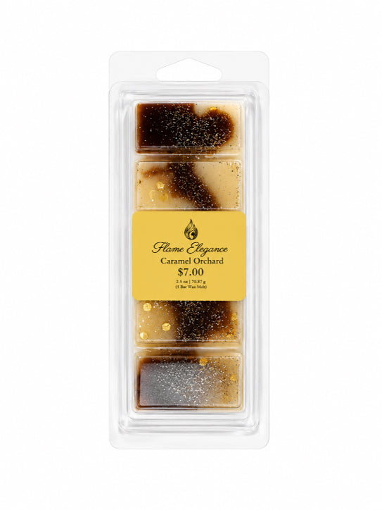 caramel orchard scented soy wax melt bar in clamshell packaging with white background by Flame Elegance