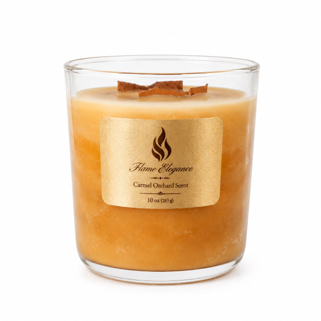 Caramel orchard scented candle with a label on a white background by Flame Elegance. 