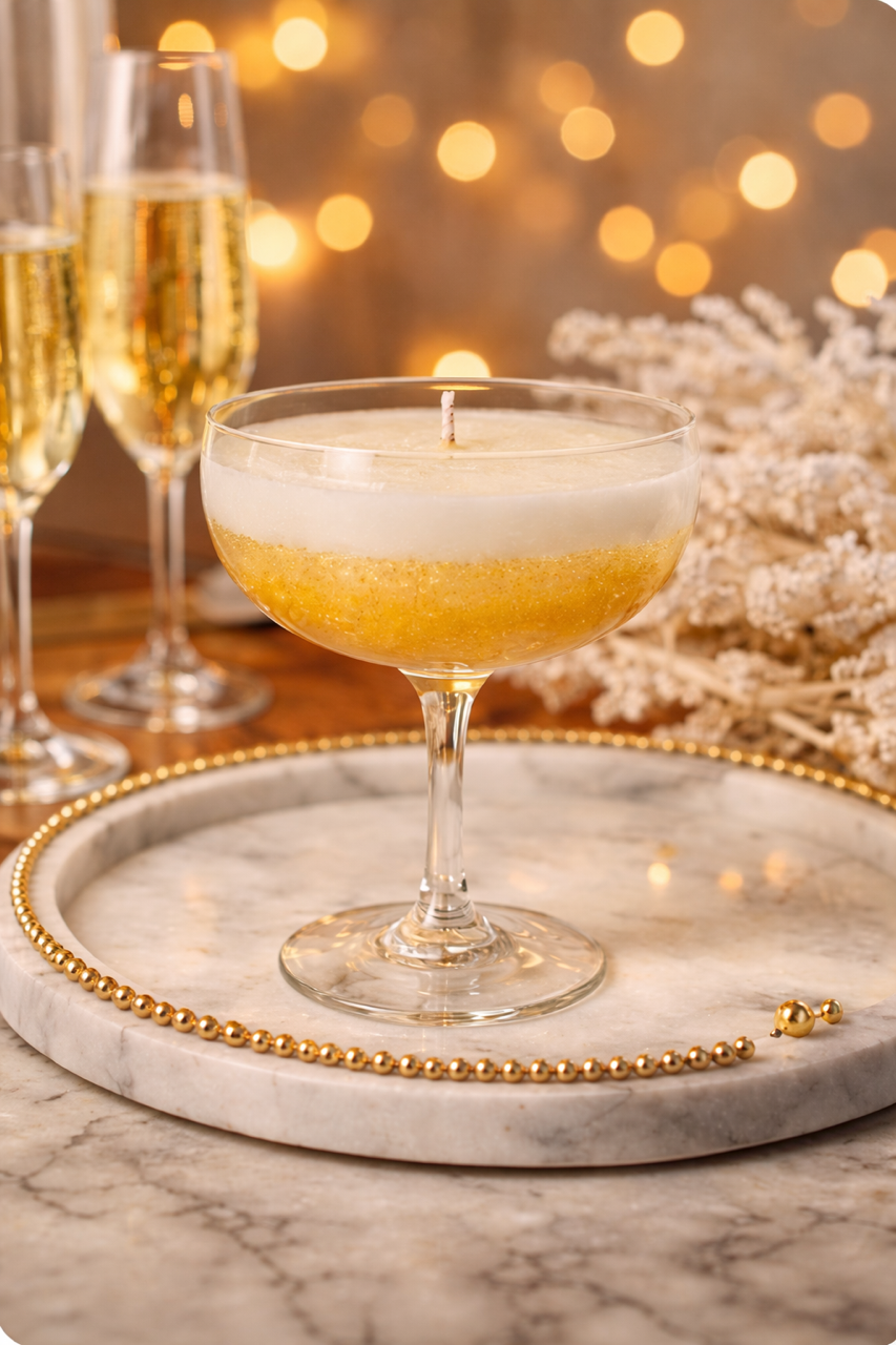 Champagne toast luxury candle in elegant coupe glass with sparkling citrus and bubble notes, festive artisan home fragrance. 