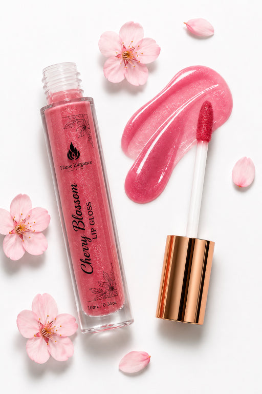 Cherry Blossom lip gloss by Flame Elegance in a clear tube with pink gloss visible inside, shown next to a glossy smear of the pink lip gloss and the applicator wand with a metallic rose gold cap, styled with pink cherry blossoms on a white background.