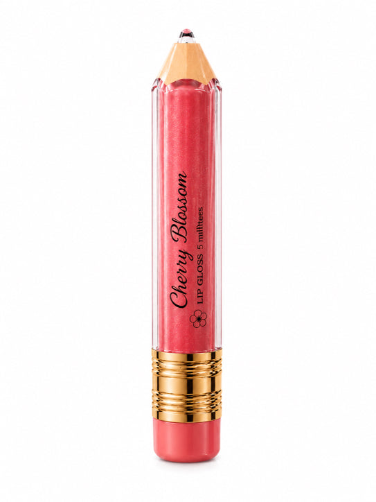 Cherry Blossom lip gloss in a pencil-shaped tube with a pink body, gold ferrule, and peach-colored tip, shown on a white background by Flame Elegance.