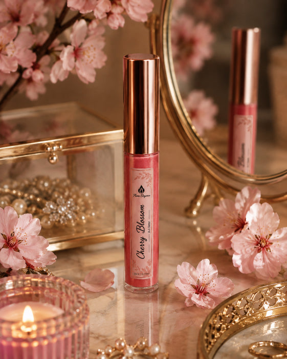 A tube of lip gloss labeled 'Cherry Blossom' by Flame Elegance stands on a marble surface surrounded by pink cherry blossoms, a lit candle, and a gold mirror reflecting the product.