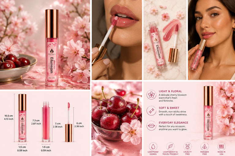 A pink cherry blossom  lip gloss set from the brand Flame Elegance, shown in a multi-panel collage with models applying the gloss, close-ups of the tubes, dimensions, and flavor details against a background of pink cherry blossoms and cherries.