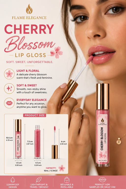 Cherry Blossom Lip Gloss by Flame Elegance, shown with a model applying the gloss, product packaging, and size details on a pink and white background.