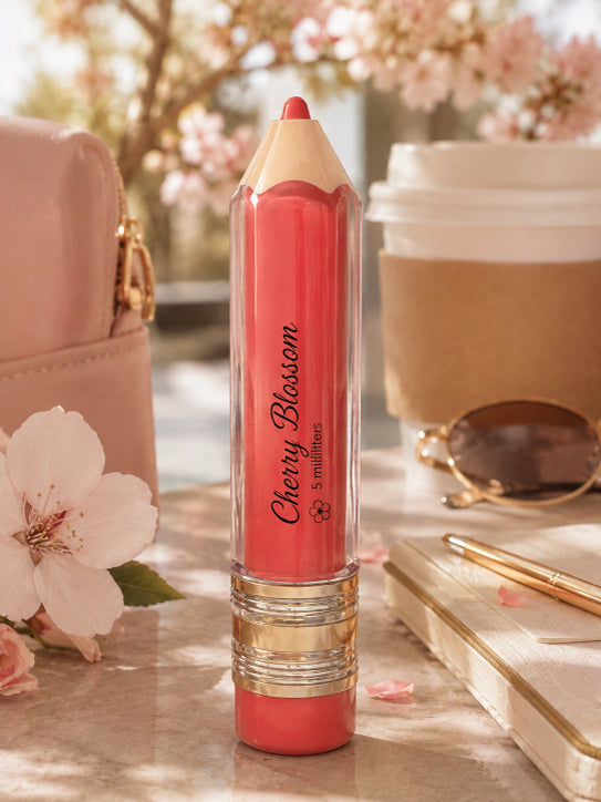 A pink and red pencil-style lip product labeled 'Cherry Blossom by Flame Elegance stands upright on a tabletop with cherry blossoms, a coffee cup, sunglasses, and a notebook in a softly lit setting.