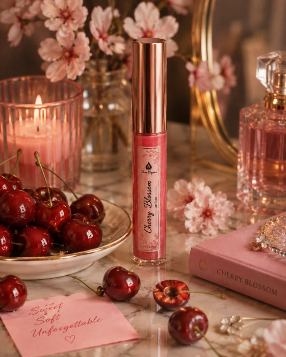 A pink lip gloss tube labeled 'Cherry Blossom' stands on a marble surface surrounded by cherries, pink flowers, a lit candle, a perfume bottle, and a pink book.