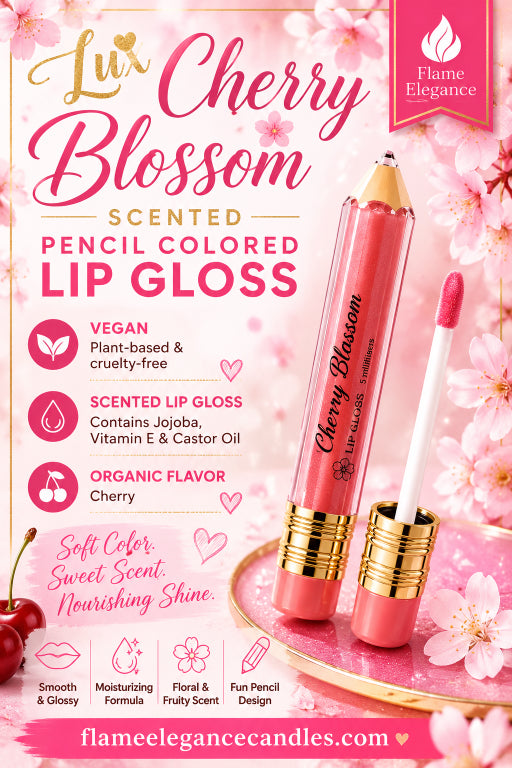 A promotional product graphic for Luxe Cherry Blossom scented pencil colored lip gloss by Flame Elegance. The image shows a pink lip gloss tube with a gold cap standing upright, a matching lip gloss applicator lying beside it, and additional text callouts about vegan, scented, and organic flavor.
