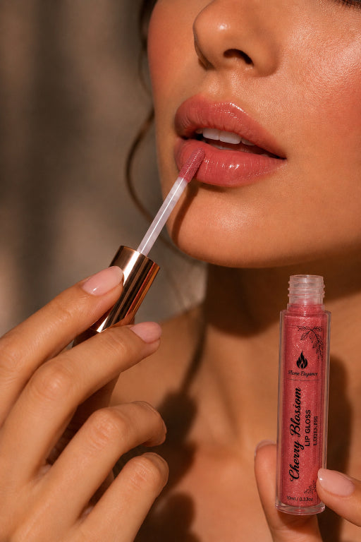 A close-up of a person applying a glossy pink liquid lipstick with its applicator wand, holding the clear tube labeled 'Cherry Blossom and brand is Flame Elegance in one hand while applying it with the other.