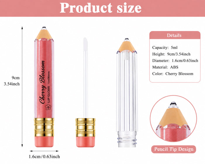 Cherry Blossom by Flame Elegance. A Pencil-tip lip gloss shown with dimensions and detail callouts on a white background. The pink gloss tube resembles a pencil with a gold ferrule, and the image includes a cap, the open tip, and a close-up inset of the pencil tip.