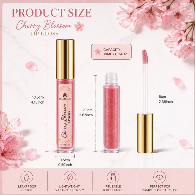 Lip gloss cherry blossom by Flame Elegance shown with dimensions and feature callouts on a pale pink background with cherry blossom graphics. The product is a pink lip gloss bottle with a gold cap, shown alongside an open tube of the gloss and a doe-foot applicator.