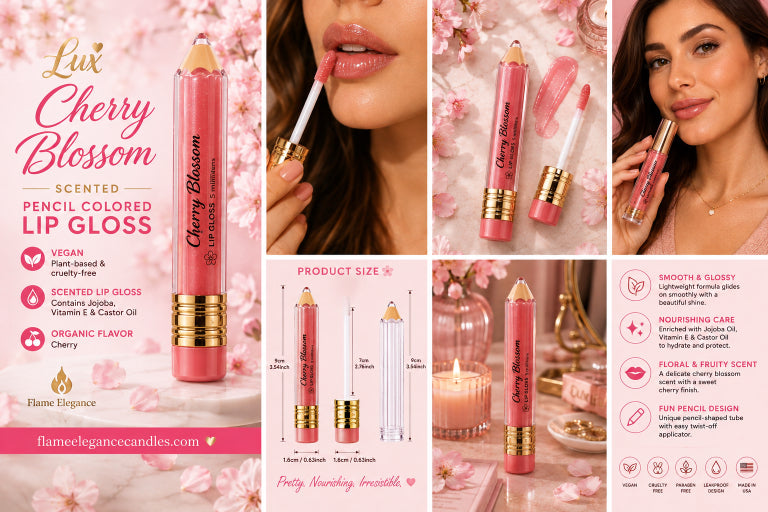 A collage-style promotional graphic for Lux Cherry Blossom scented pencil colored lip gloss. Multiple panels show a pink lip gloss pencil with gold accents, a model applying the gloss, product size diagrams, and text describing the scent and benefits.