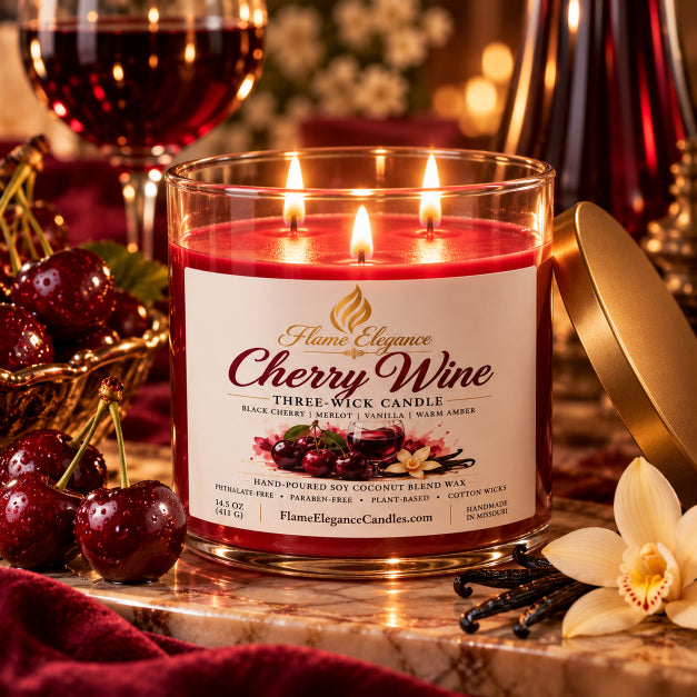 cherry wine 3 wick candle in clear glass jar by Flame Elegance all 3 wicks lit sitting on a table next to glass of red wine and cherries.