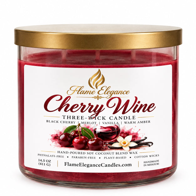 cherry wine 3 wick candle by flame elegance with white background